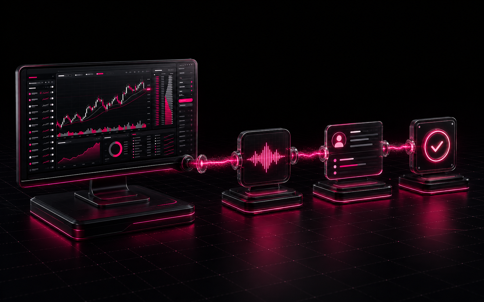 Ilustración conceptual de una demo conectada de plataforma, telefonía y expediente CRM